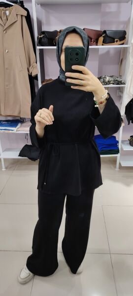 Siyah belden bağlamalı ikili takım