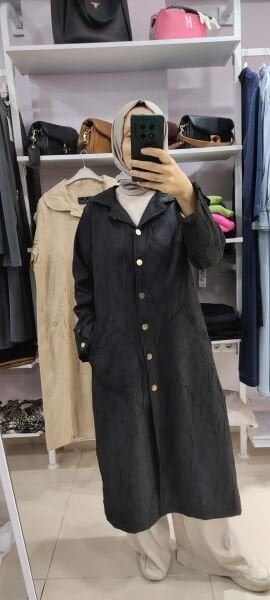 Yeni sezon içi desenli astarlı ince kap-siyah