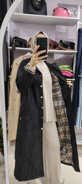 Yeni sezon içi desenli astarlı ince kap-siyah