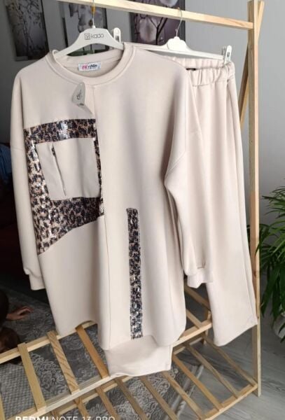 Leopar ve payet detaylı ikili takım