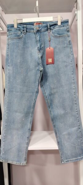 Likralı taş detaylı mavi jean pantolon