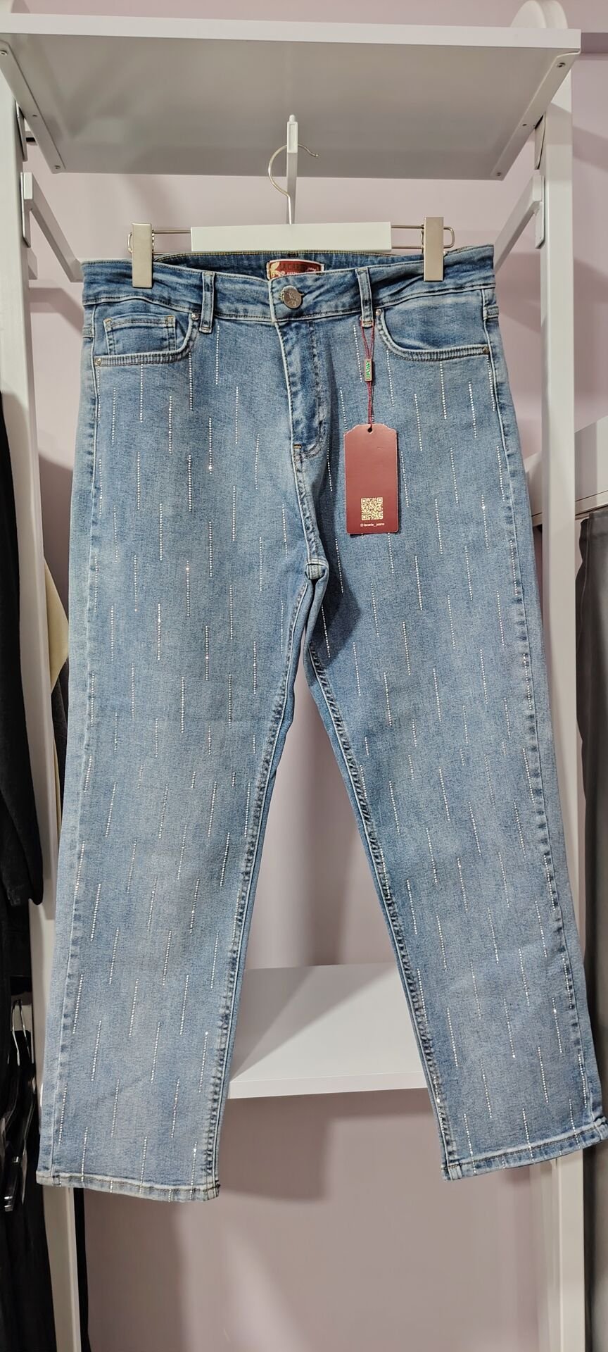 Likralı taş detaylı mavi jean pantolon