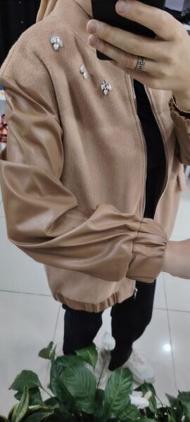 Deri detaylı kaşe kaban