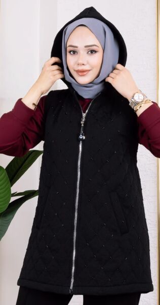 Işıl ışıl taş işli ince kapitone astarlı yelek