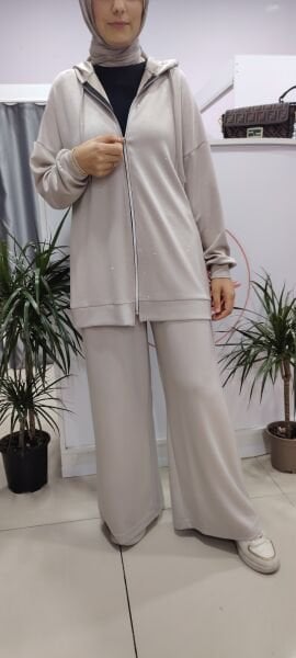 Taşlı Fermuarlı İkili Takım-Taş Renk