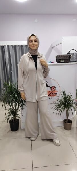 Taşlı Fermuarlı İkili Takım-Taş Renk