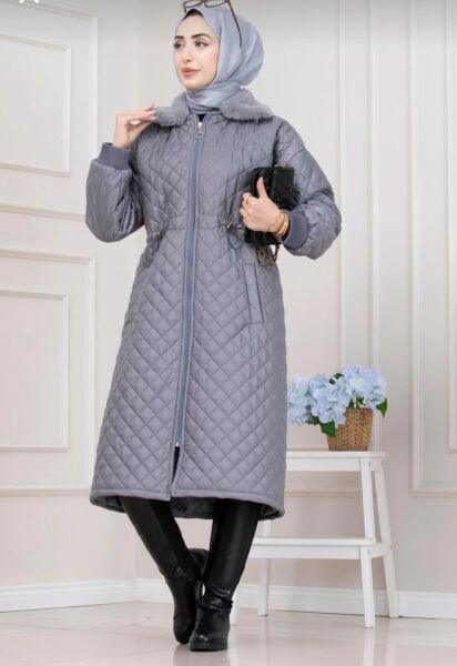 Kürk Yakalı Kapitone Mont - Gri