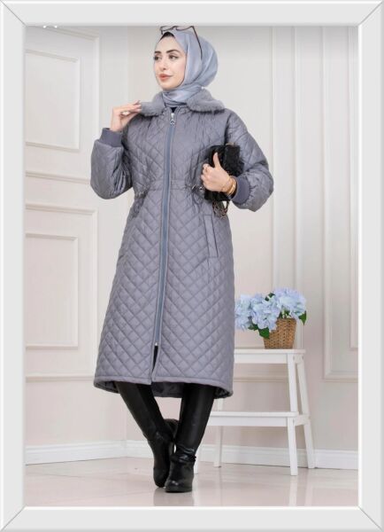 Kürk Yakalı Kapitone Mont - Gri