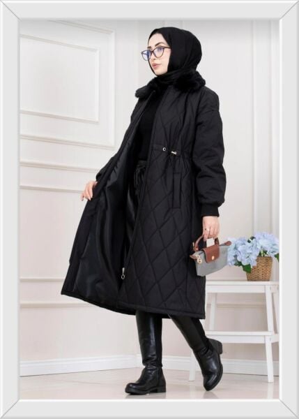 Kürk Yakalı Kapitone Mont - Siyah