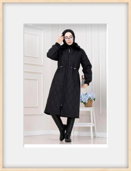 Kürk Yakalı Kapitone Mont - Siyah