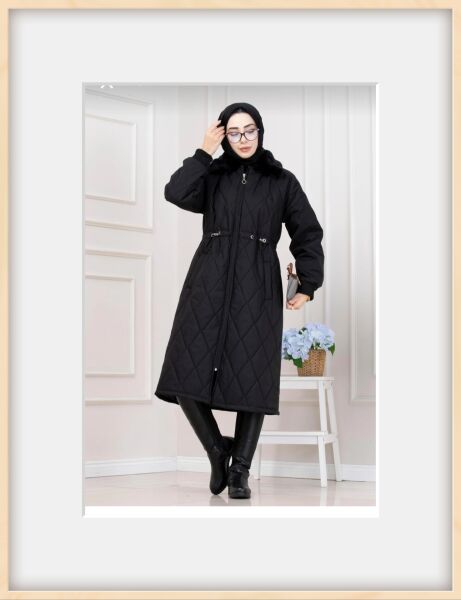 Kürk Yakalı Kapitone Mont - Siyah