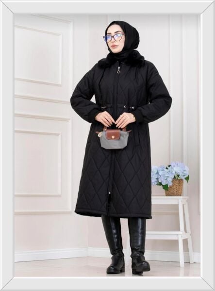 Kürk Yakalı Kapitone Mont - Siyah